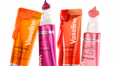 Four products from Vaseline’s Gluta-Hya Lip range. Packaging is red and pink on a white background.