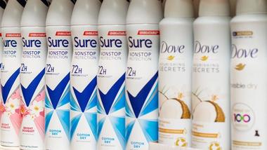 A selection of Sure and Dove deodorant products. Dove is one of Unilever’s €1 brands.