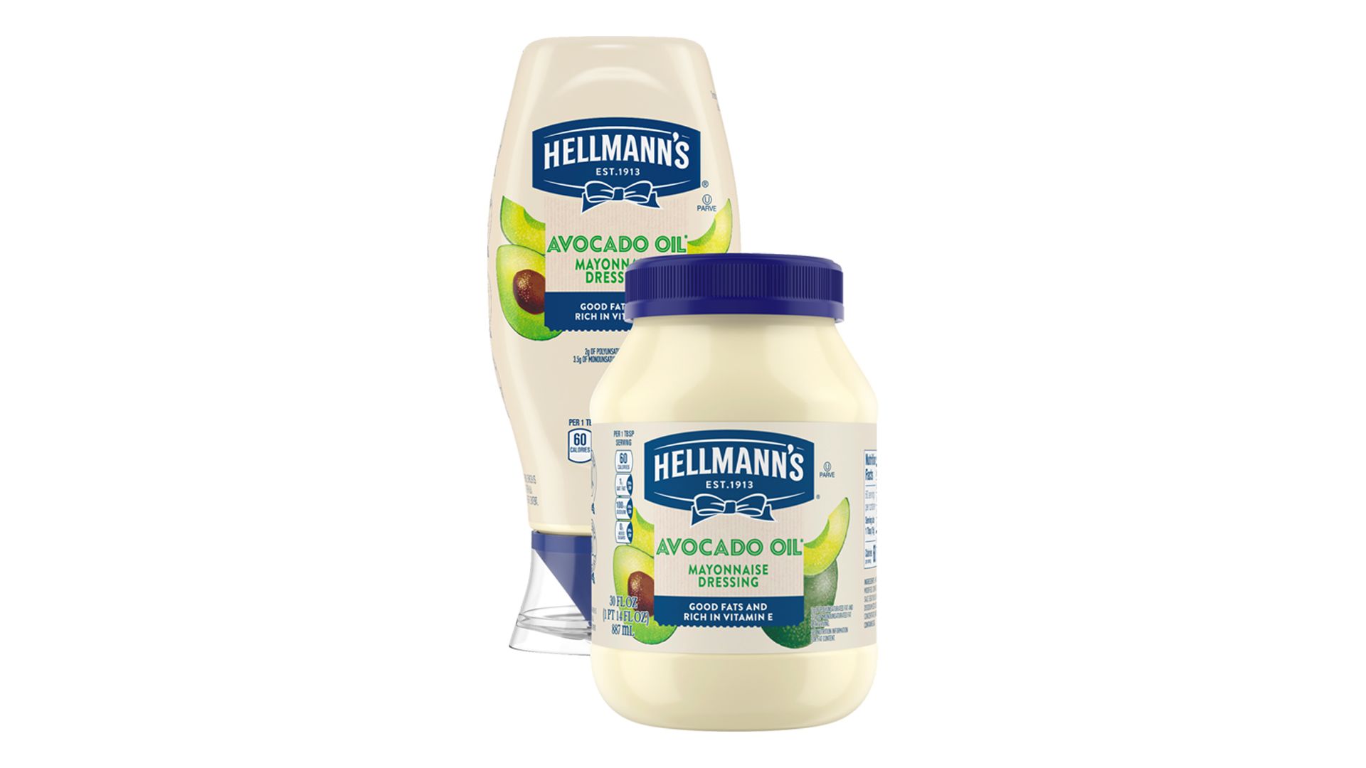 Two containers of Hellmann's Avocado Oil Mayonnaise Dressing are displayed. One is a squeezy bottle and the other is a jar. Both containers feature images of avocados and the Hellmann's logo, indicating that the product is made with avocado oil. This image highlights a healthier mayonnaise option for those interested in alternative ingredients.