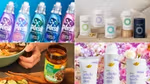 A four‑panel collage showing different Unilever products: five colourful Persil Wonder Wash detergent bottles; minimalist Nutrafol supplement containers on a beige background; a hand spooning food beside a jar of Knorr seasoning; and Dove Whole Body Deo products displayed among pink and white flowers.