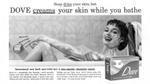 A vintage advertisement for Dove from the 1960s. A woman is pictured lathering her skin with a Dove Bar in a bath.