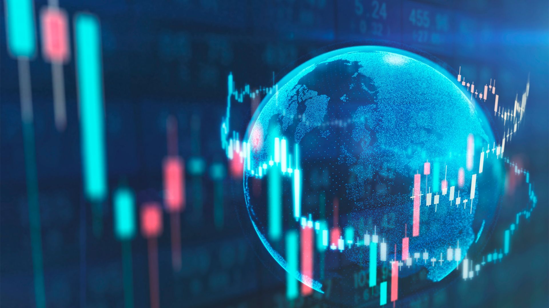 Image of computer screen showing financial market figures with a reflection of the earth in the background 