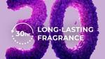 ’30’ written in large purple numbers made from purple petals. Text reads ’30 hour long-lasting fragrance’