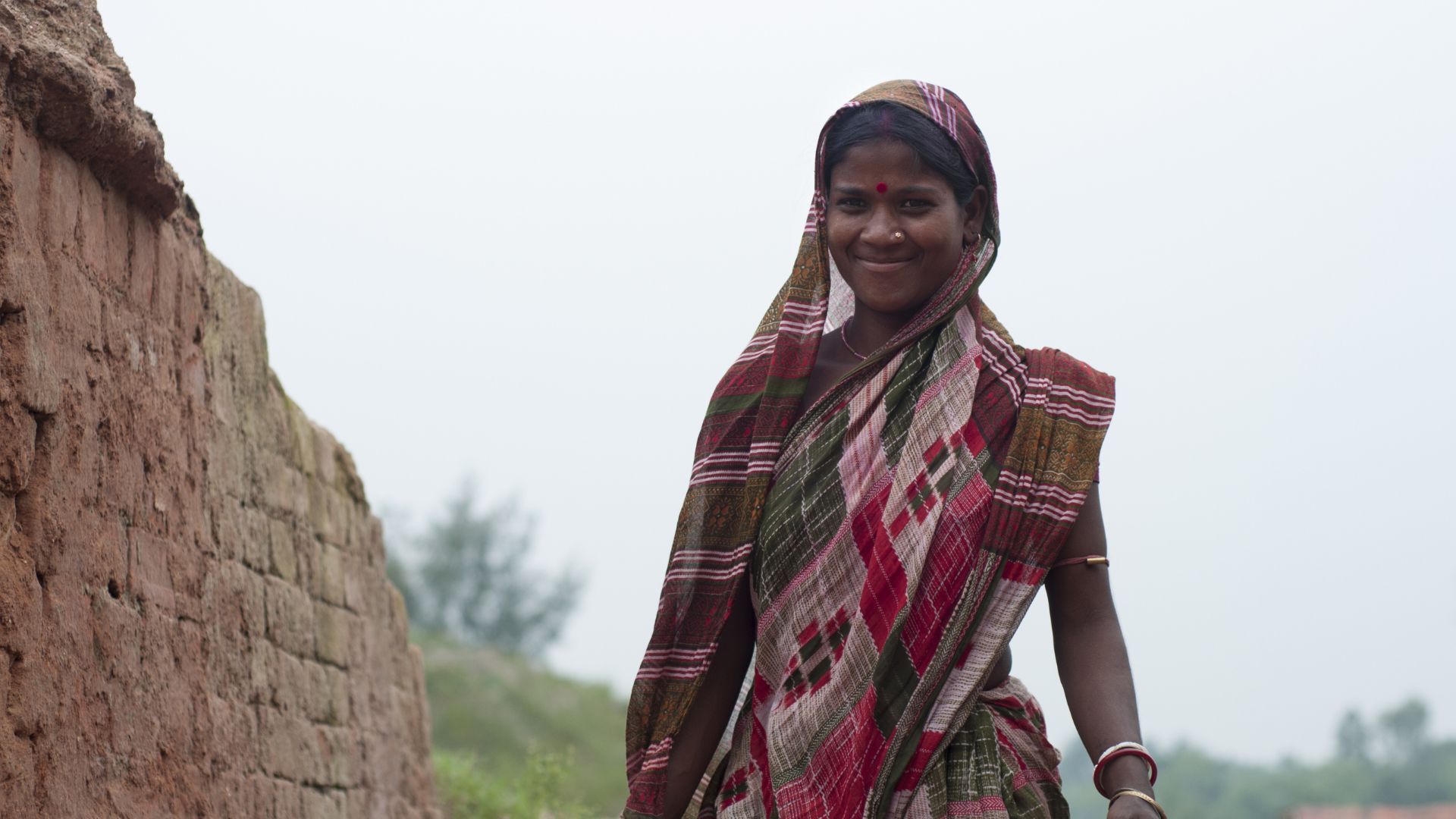 A smiling lady in traditional dress in India.
