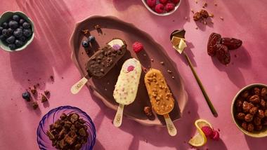 Magnum’s new mood-inspired ice cream flavours - Chill, Euphoria and Wonder - unwrapped on a serving dish and ready to eat.