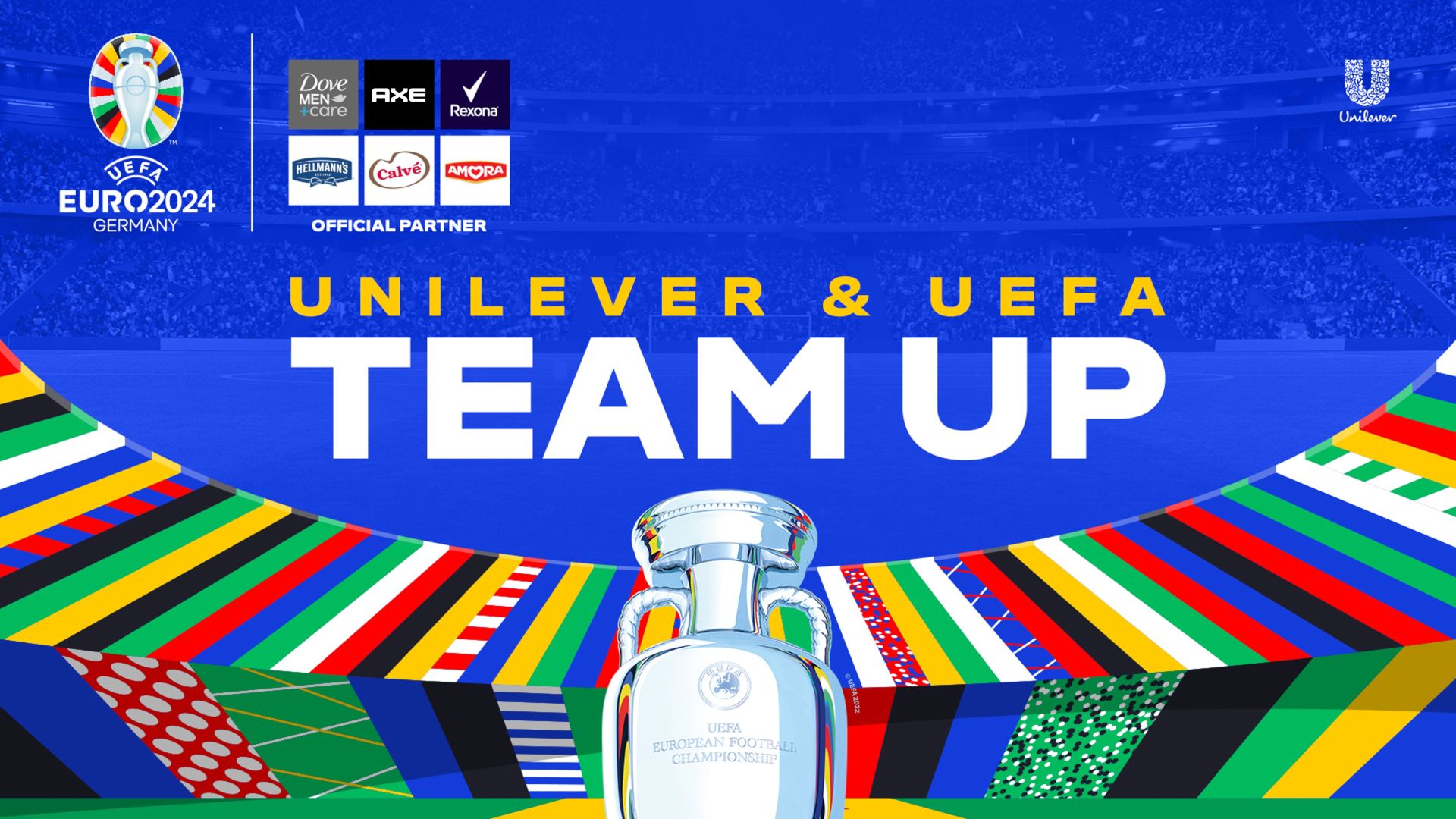 An illustration of the EUFA Euro 2024 cup with a coloured background representing the participating countries