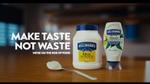 : A jar of Hellmann’s mayonnaise and a squeezy bottle of Hellmann’s Vegan Dressing & Spread. Text reads: Make taste not waste. We’re on the side of food.
