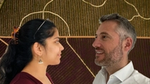 Swetha Stotra Bhashyam, right and Eric Soubeiran left on a brown field backdrop