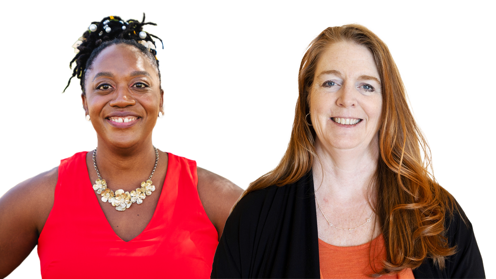 Tiffany Yizar is a black woman in a red top. Dr Sam Samaras is a white woman with long red hair. Both are smiling and looking to camera.