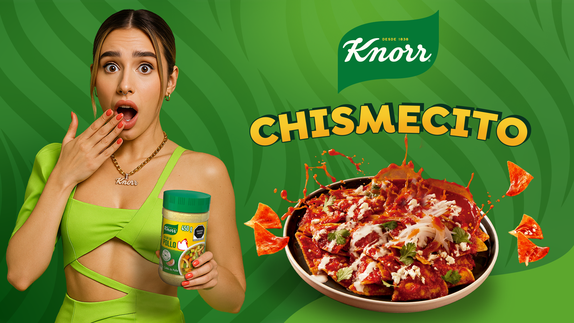 A shocked woman in a green top next to a taco dish reflects Knorr’s youth-targeting influencer campaigns.