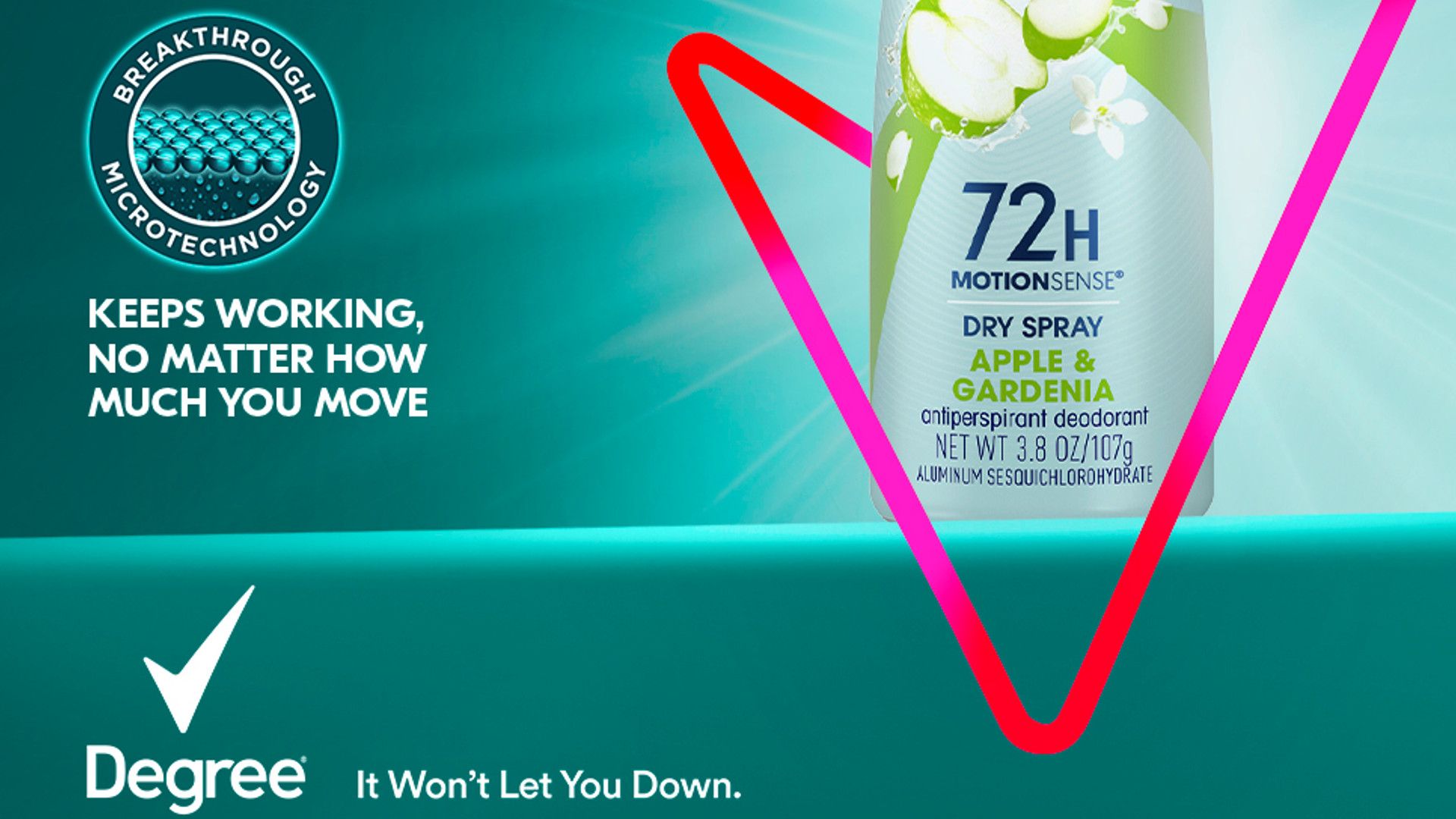 An advert for Degree’s 72-hour motion sense antiperspirant deodorant. The pack shot sits on a green background with a pink tick in the foreground