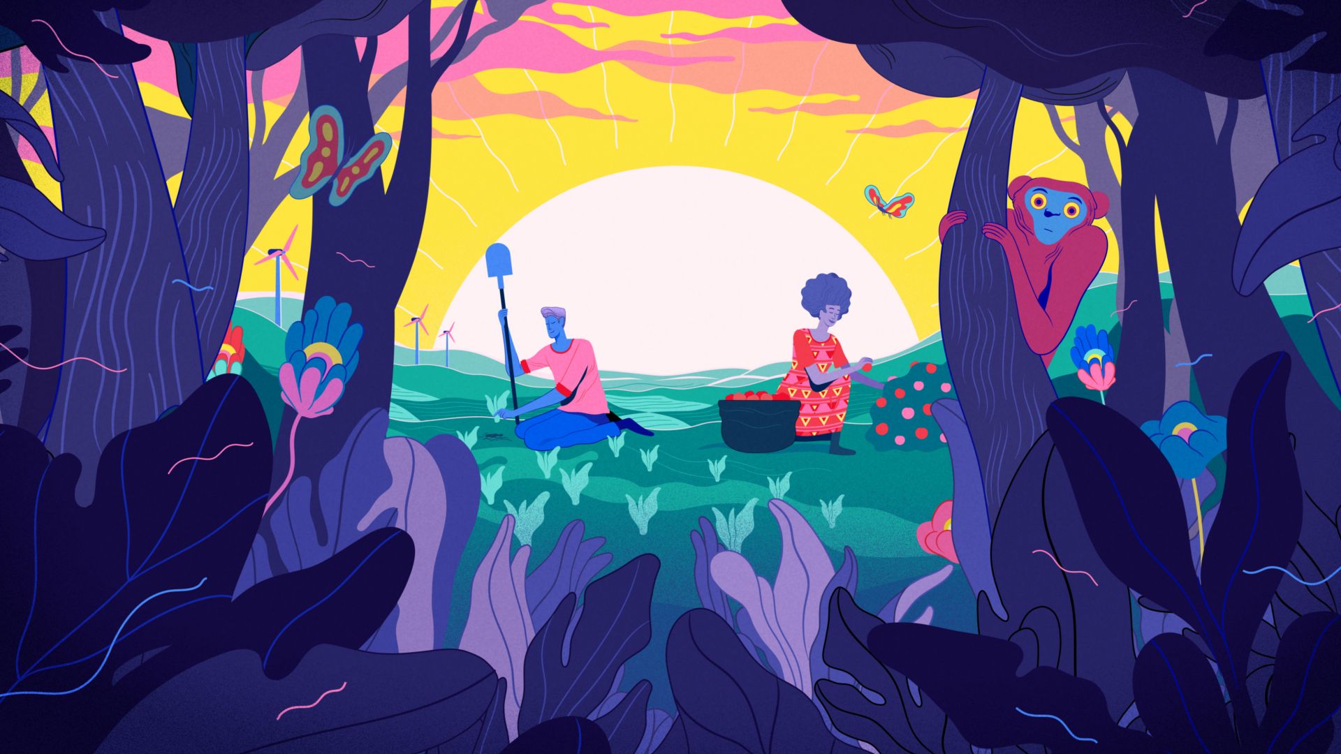 Illustration av två bönder som skördar grödor, med en skog som växer i förgrunden.