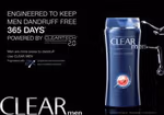 Ad for Clear Men CLEAN XtREME shampoo. On the right, a robotic arm is holding the bottle, emphasising the 'engineered' concept. The bottle is blue, featuring a red swirl graphic. The text on the left highlights the product's benefits, stating: 'Engineered to keep men dandruff free 365 days, powered by CLEARTECH 2.0. Men are more prone to dandruff. Use Clear Men, engineered with 2X dandruff-fighting power and scalp strengtheners.' The Clear Men logo is displayed prominently at the bottom.