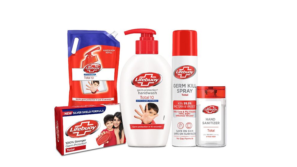 Group photo of different formats of Lifebuoy hand sanitiser products