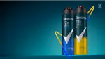 Antiperspirant deodorant sprays from Rexona’s 72-hour range. The cans are dark green, one with blue accents, one with yellow