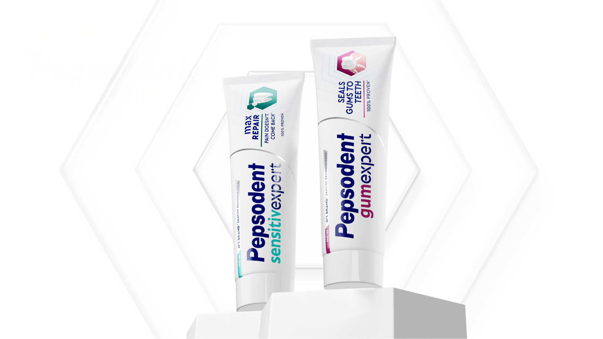 Two tubes of Pepsodent toothpaste, one labeled "sensitive expert" and the other "gum expert," are displayed upright on white platforms against a light background.