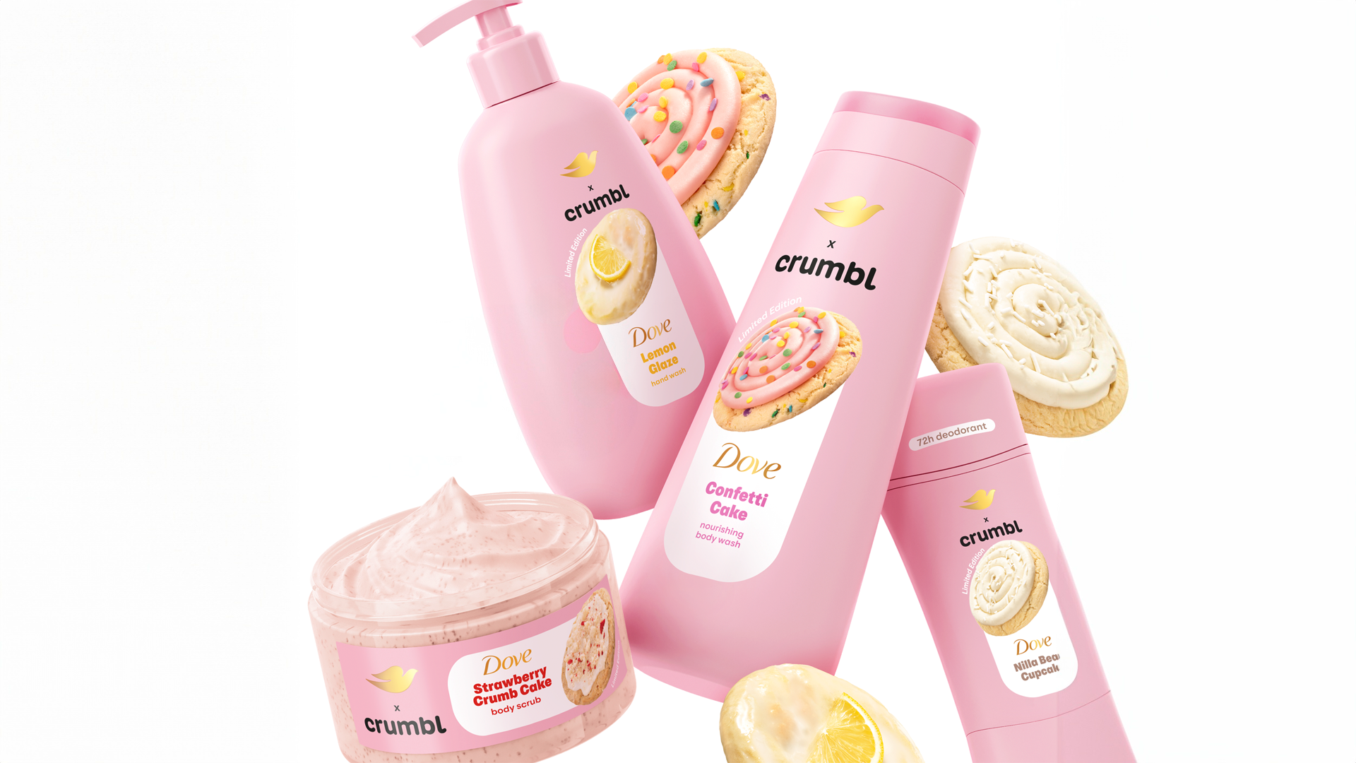 Products from the Dove Crumbl collaboration including Confetti Cake body wash in a pink bottle. Crumbl cookies in background.