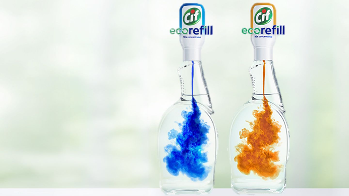 Two bottles of Cif Ecorefill on a kitchen counter.