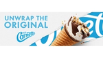 A campaign image of a Cornetto Classico cone being unwrapped.