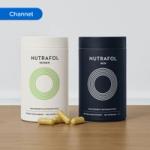 Two Nutrafol hair growth supplement containers labelled “Women” and “Men” with capsules placed on a wooden surface. The image is tagged ‘Channel’.
