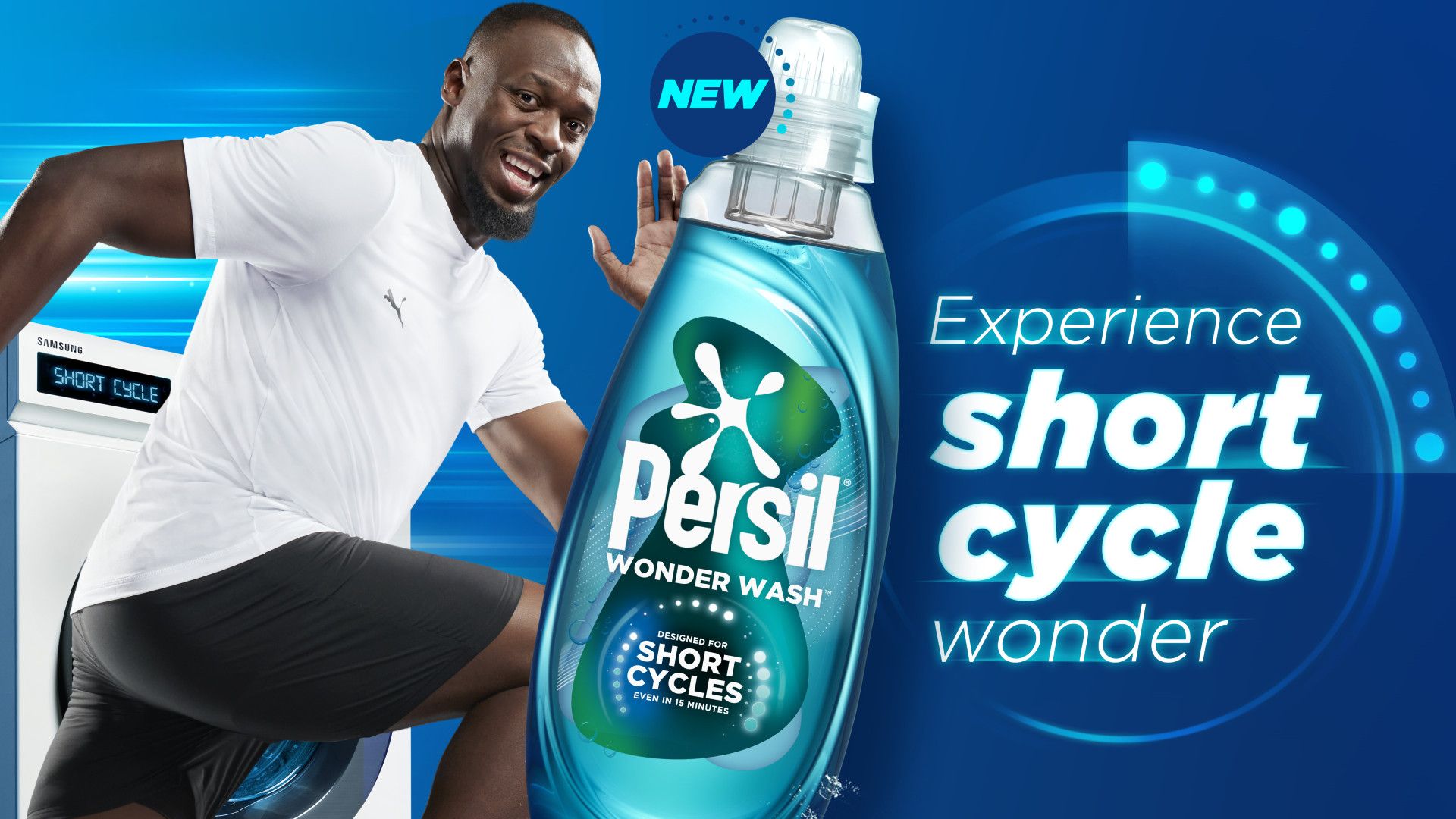 Usain Bolt Wonder Wash ad, text displayed ‘experience short cycle wonder’.’