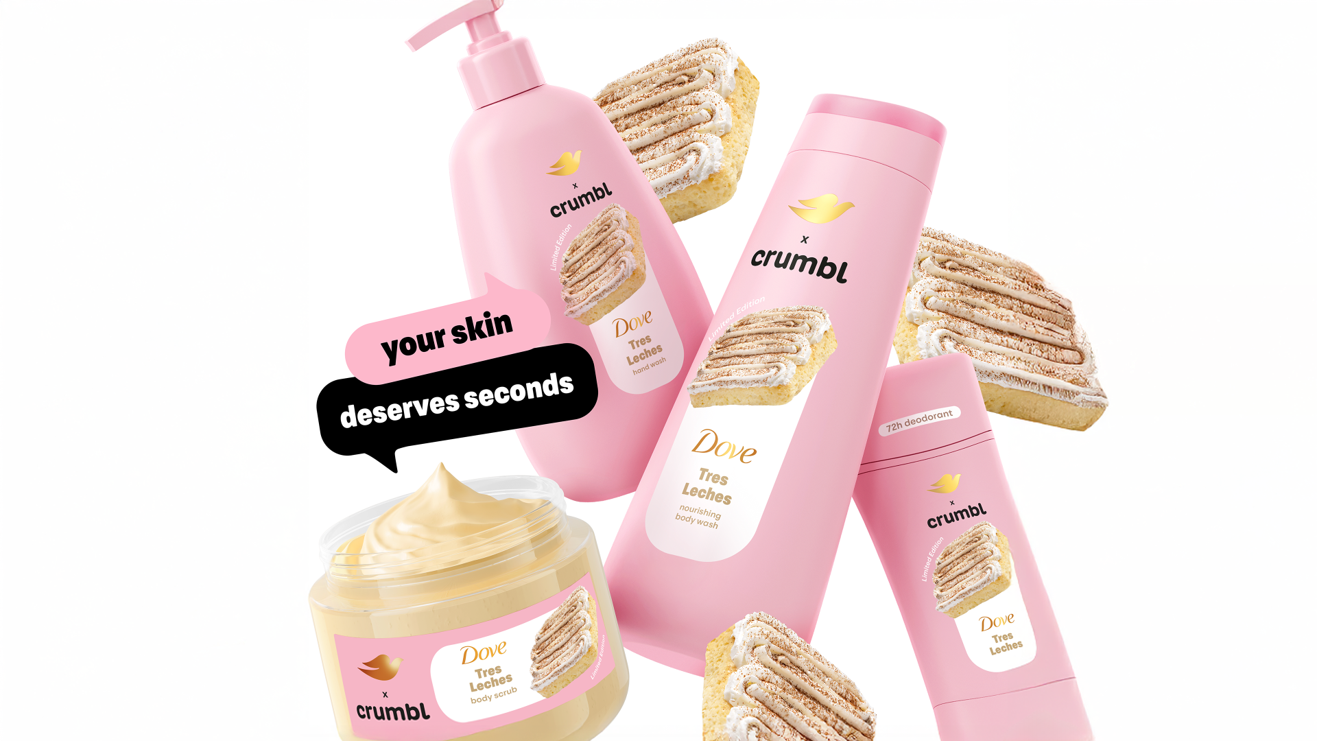 Products from the Dove x Crumbl Tres Leches limited edition range in vibrant pink packaging.