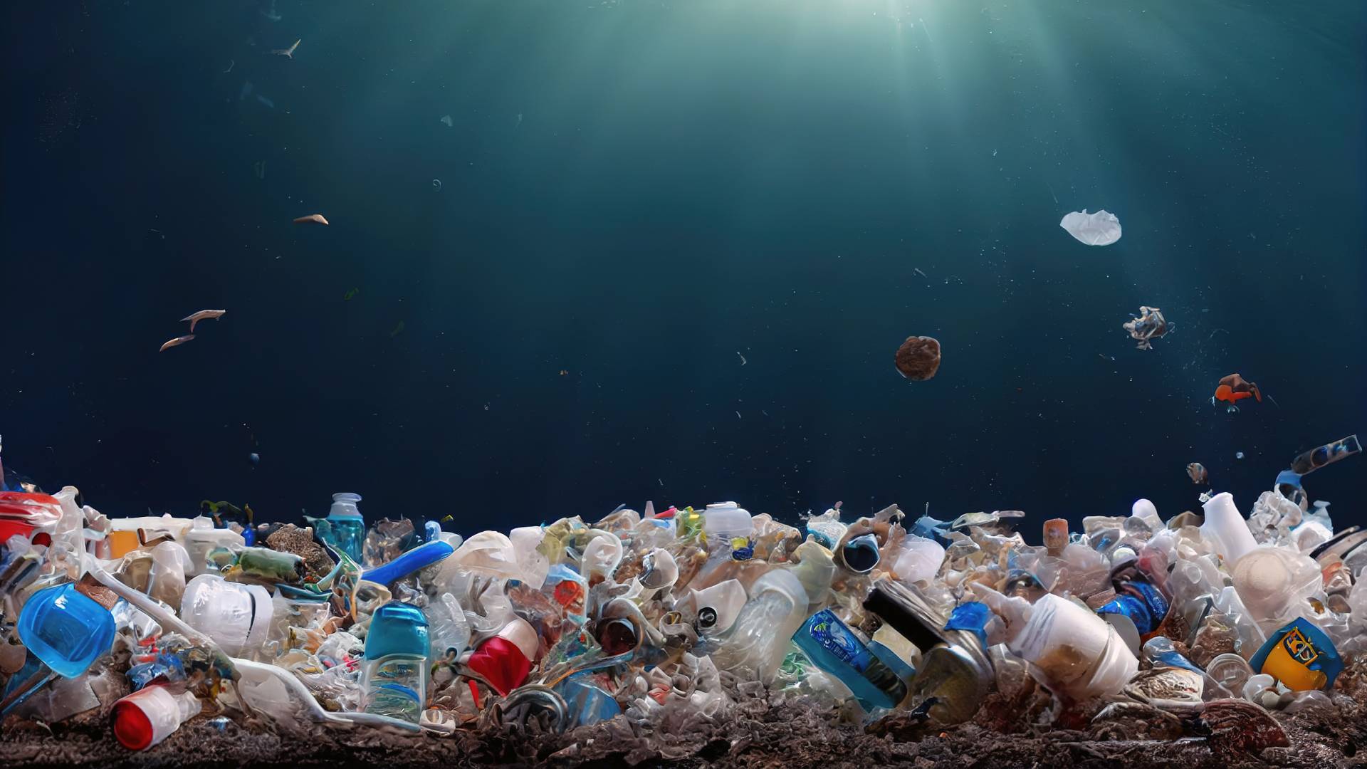 3D rendering of piles of plastic bottles and packaging lying on the sea bed.