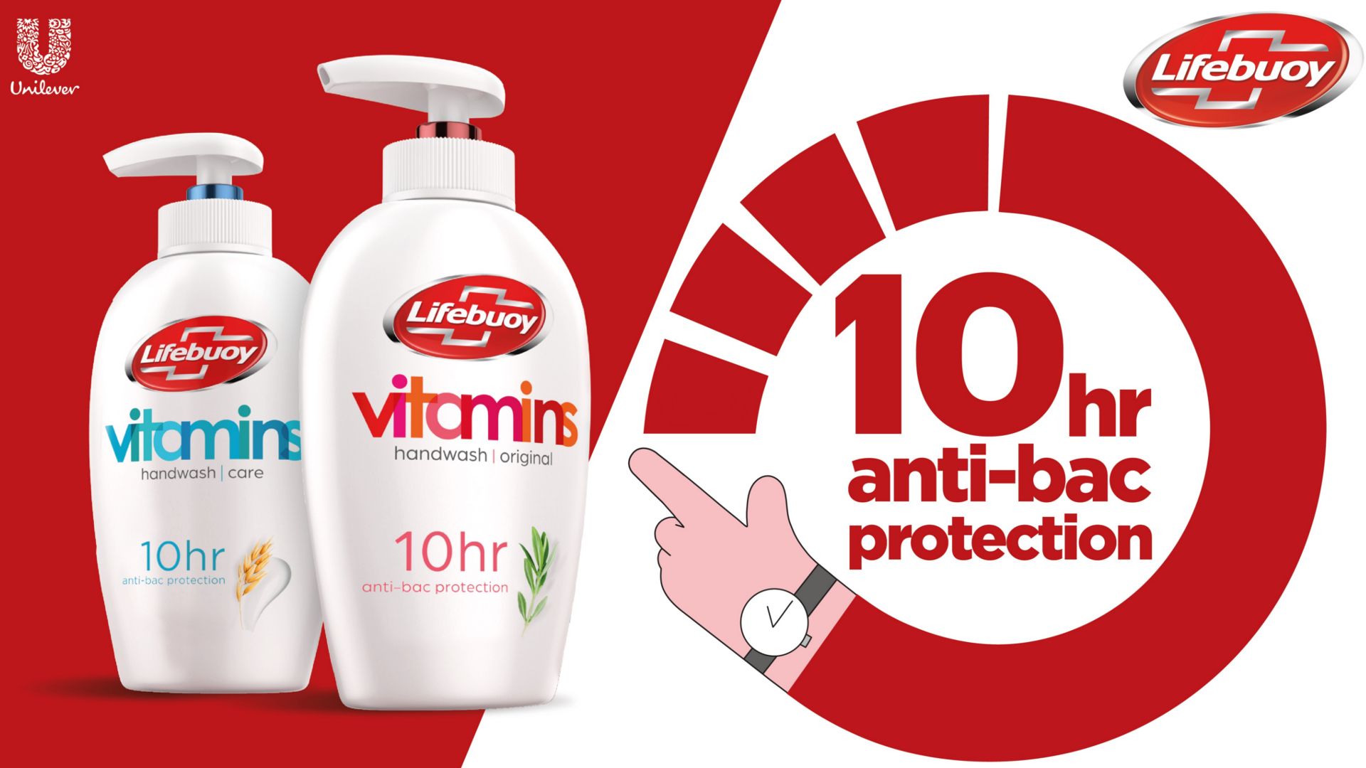 Two bottles of Lifebuoy Vitamins liquid hand wash which offers up to 10 hours of germ-fighting protection 