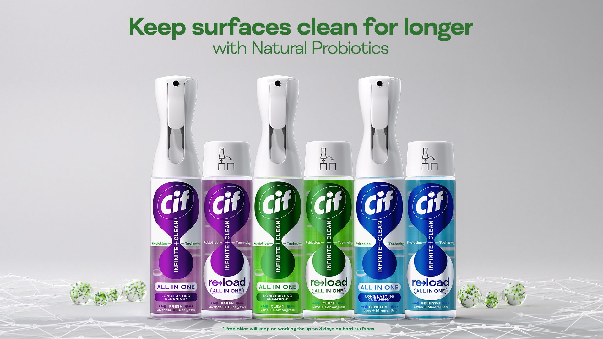 Six Cif Infinite Clean spray bottles with purple, green, and blue labels arranged in a row. Text above reads 'Keep surfaces clean for longer with Natural Probiotics.' Small green and white spheres are scattered at the bottom of the image.