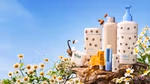 A selection from the Wild product range – a bottle, pump bottle, lip balm and deo stick – arranged on a lump of wood among white and yellow flowers.