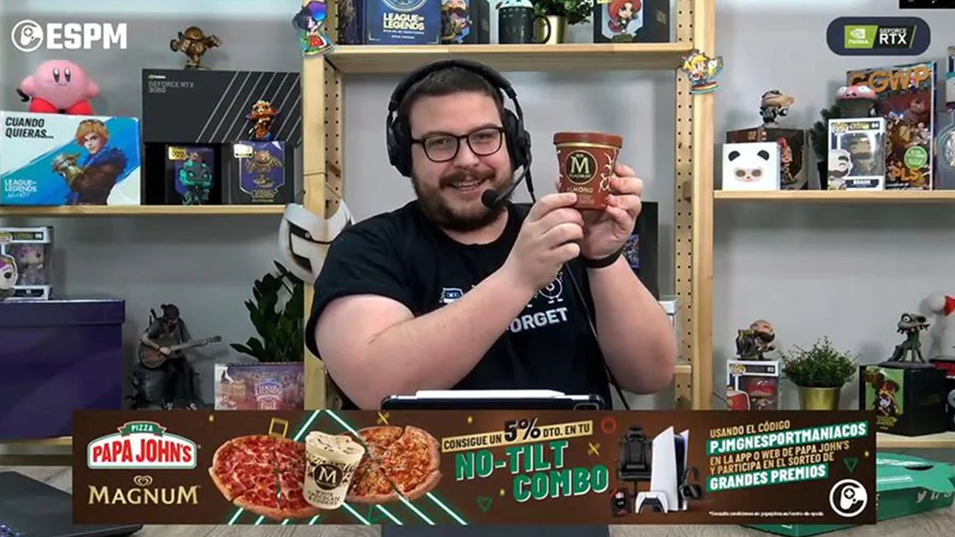 Gaming presenter holding up Magnum ice cream pint during a live stream