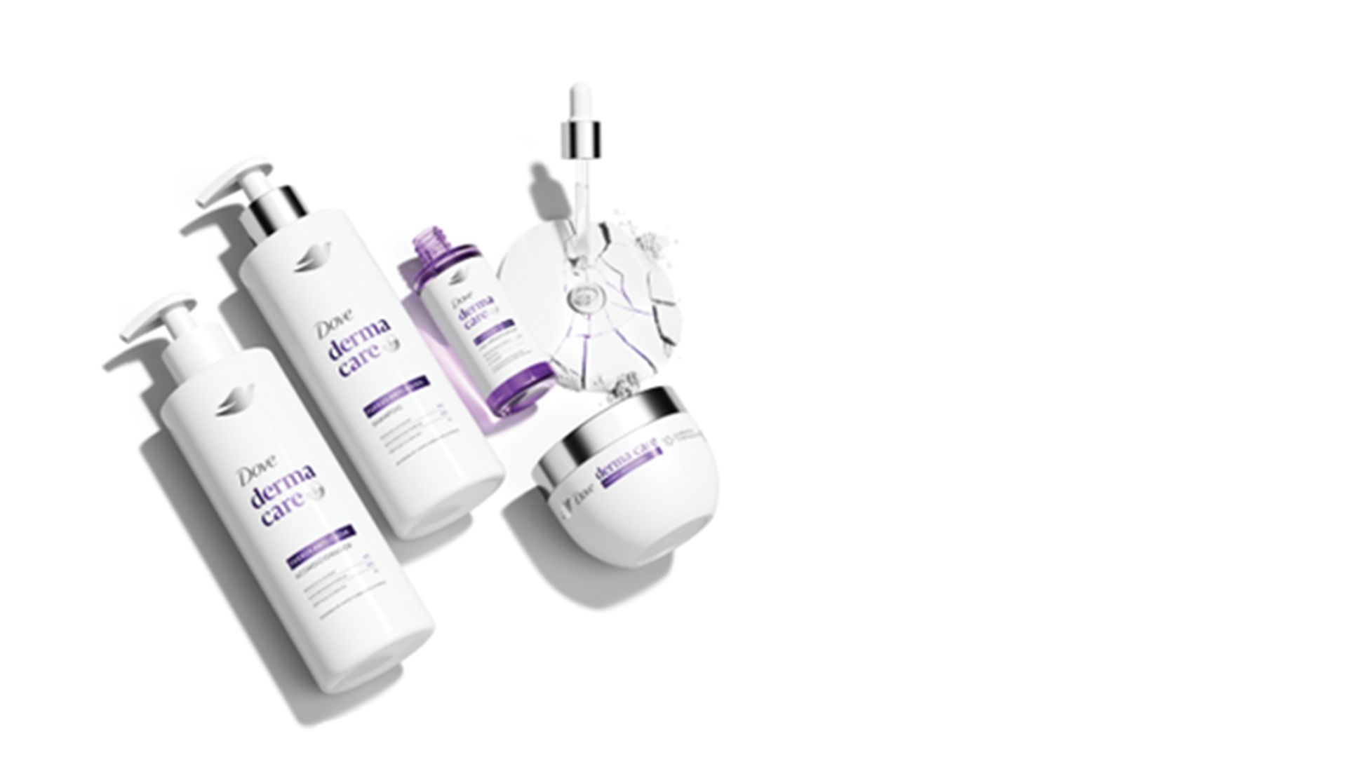 Dove DermaCare’s products on a white background with info that users can see up to 95% less hair fall